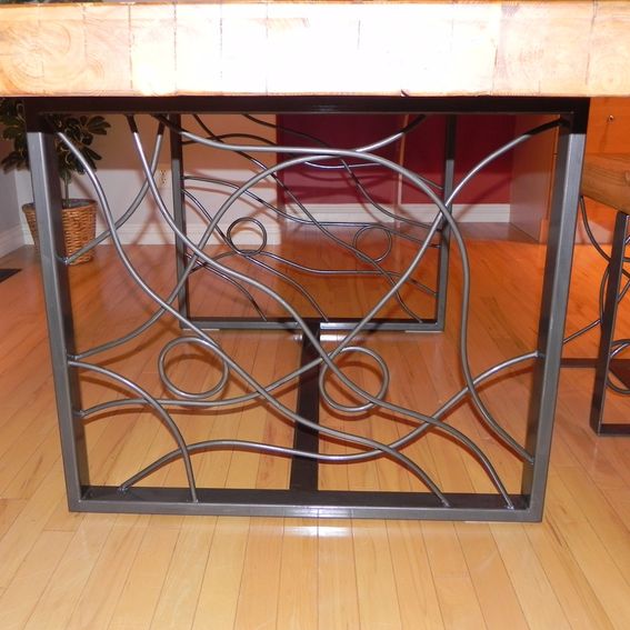 Handmade Butcher Block Dining Table With Bent Iron Inlaid Base by