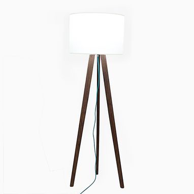 Custom Made Solid Walnut Mid Century Modern Tripod Floor Lamp With Teal Cord