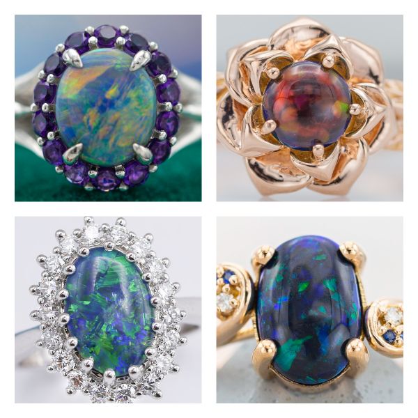 Black opals show vivid color play (blues, greens, oranges, and reds) in these engagement rings.