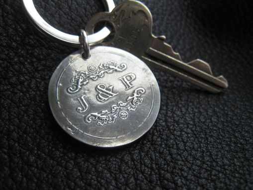 Custom Made Sterling Silver Key Chain Key Ring Key Fob With Wedding Logo - 1 1/8