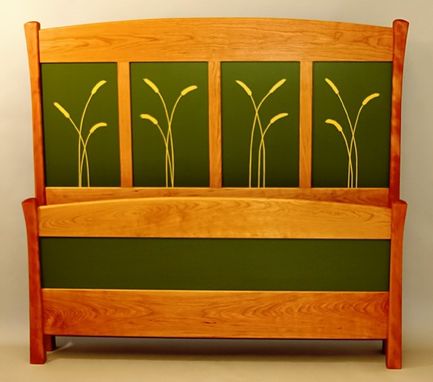 Custom Made Bedframe With Painted Panels In Wheatstraw Motif - Cherry
