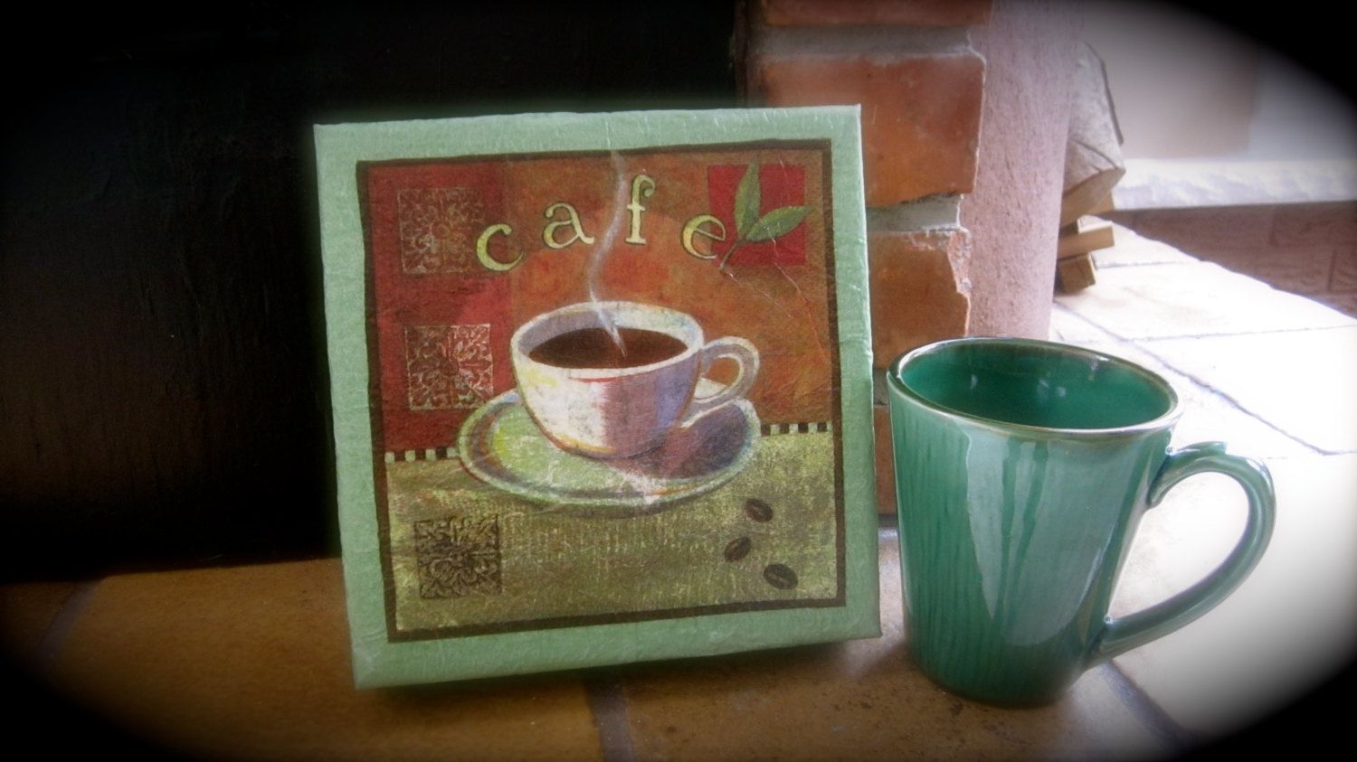 Handmade Cafe, Coffee Cup, Original Decoupage Mixed Media Canvas With
