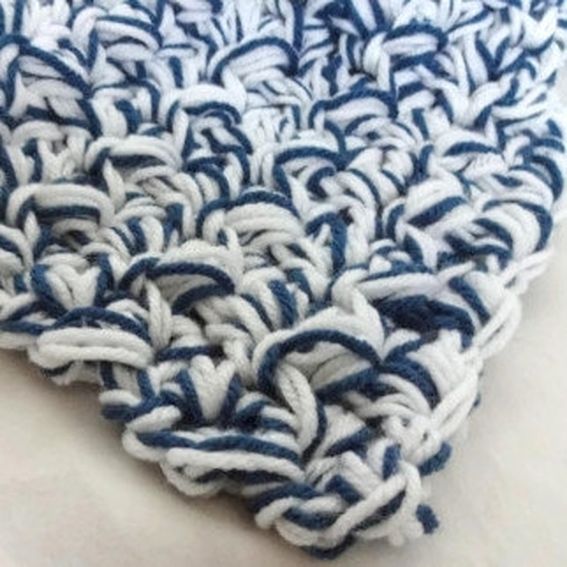 Handmade Crochet Baby Blanket Navy Blue And White Variegated Yarn by
