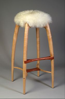 Custom Made Modern Counter Height Stool, Bar Stool, Carved Solid Wood, Sheepskin Seat, Curly Maple, Bubinga