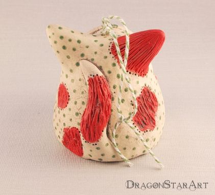 Custom Made Ceramic Cat Ornament Bell, Red White And Green Christmas Ornament