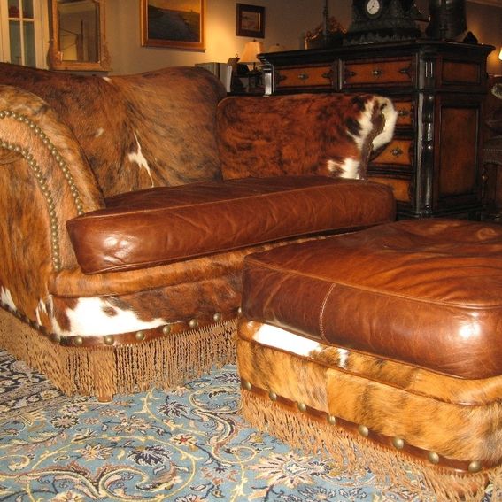 Custom Made Hair Hide And Twisted Leather Fringe Chair And A Half With