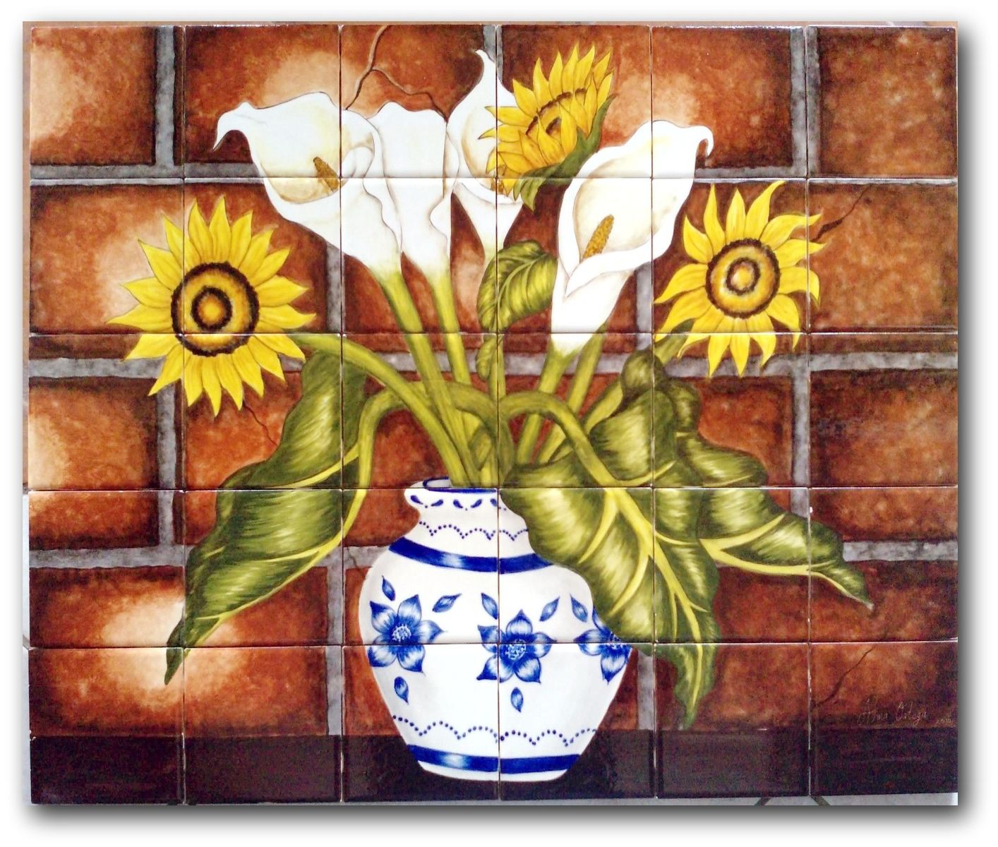 Hand Made Ceramic Tile Hand Painted Mural "Florals" by Lomeli Tile