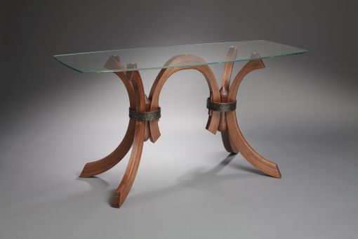 Custom Made Glass Table With Wood And Forged Iron Legs