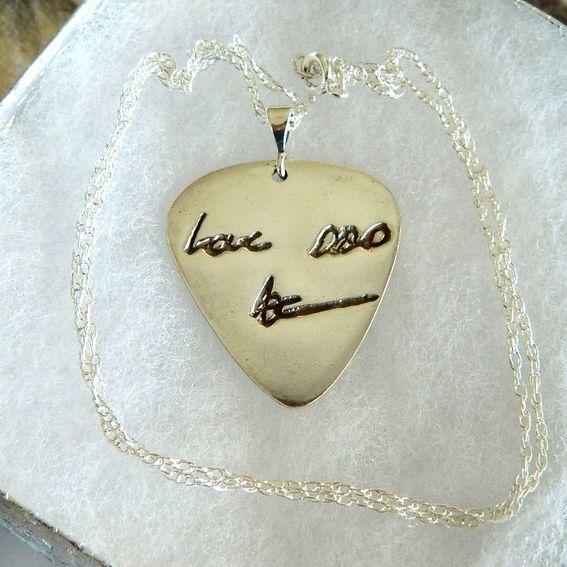 Custom Made Handwriting Guitar Pick Pendant In Sterling Silver by