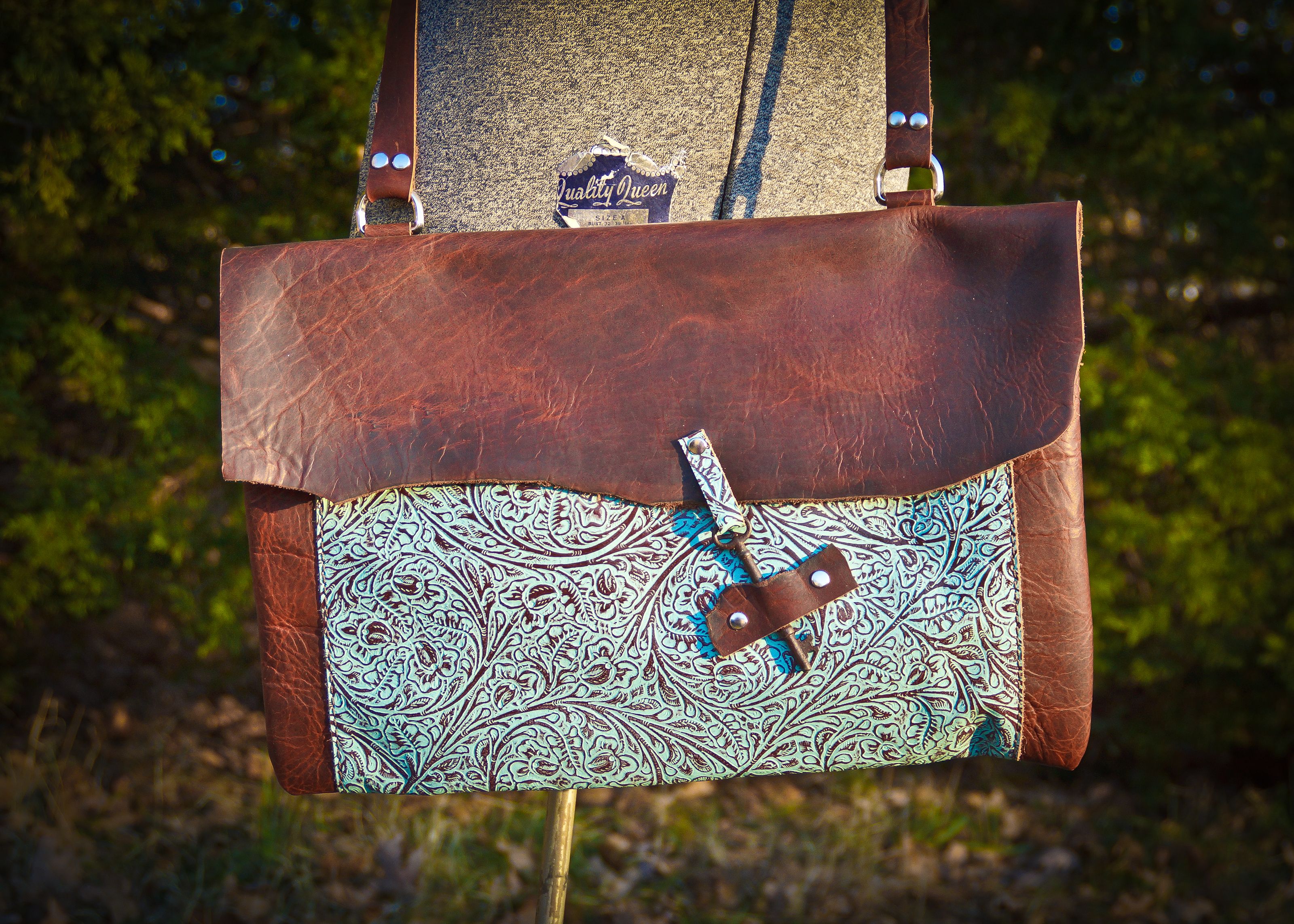 Buy a Custom Made Bison And Turquoise Leather Bag With Vintage Key Closure