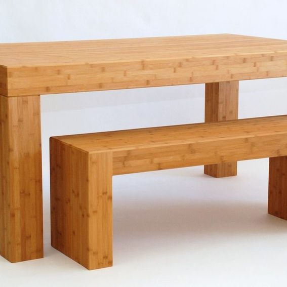 Hand Crafted Solid Bamboo Dining Set Table And Two Benches Caramelized by Belak Woodworking