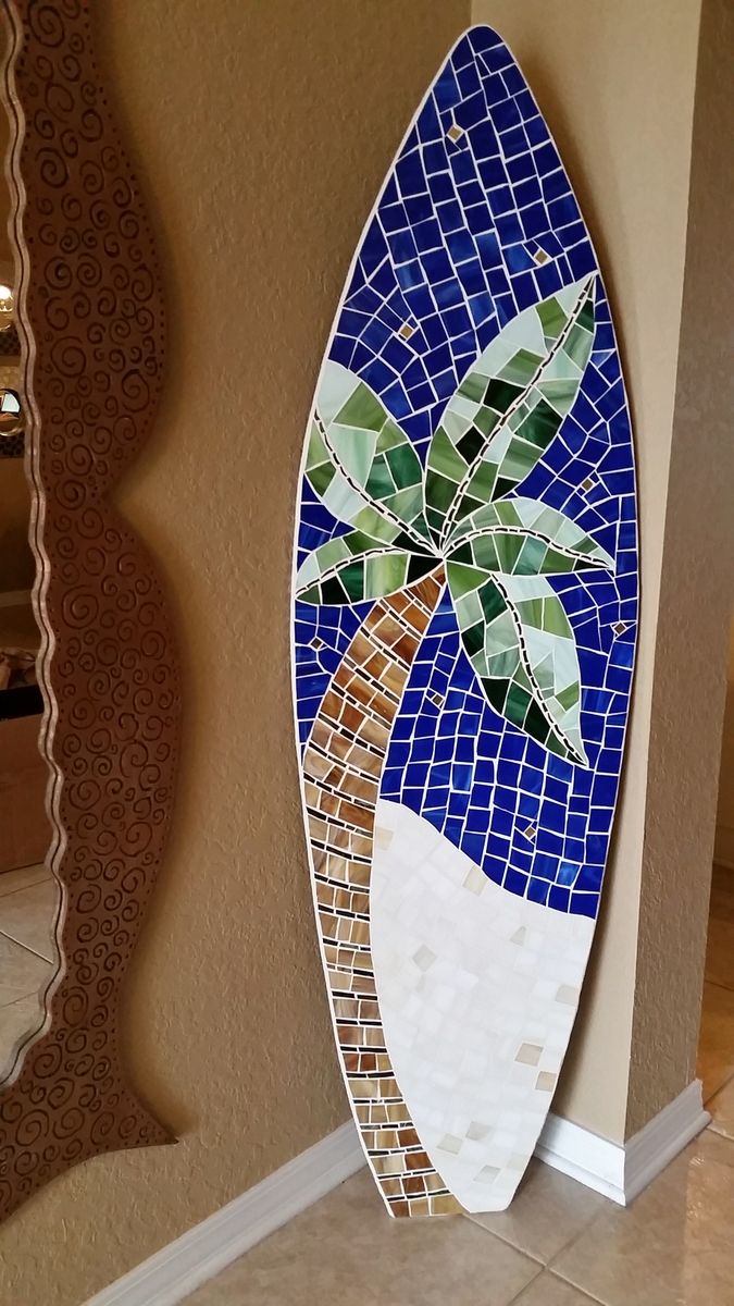 Hand Crafted Surfboard Mosaic Stained Glass On Wood Wall Art, 5ft