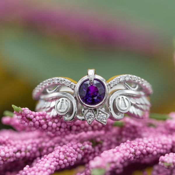 A one-of-a-kind purple sapphire engagement ring we designed with inspiration from the No Game No Life anime series.