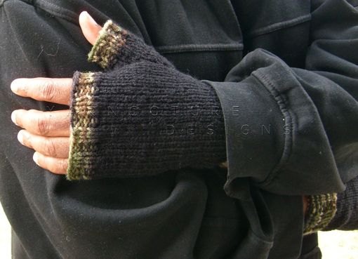 Custom Made Hand Knit Fingerless Gloves For Men / In Black With Camouflage Trim