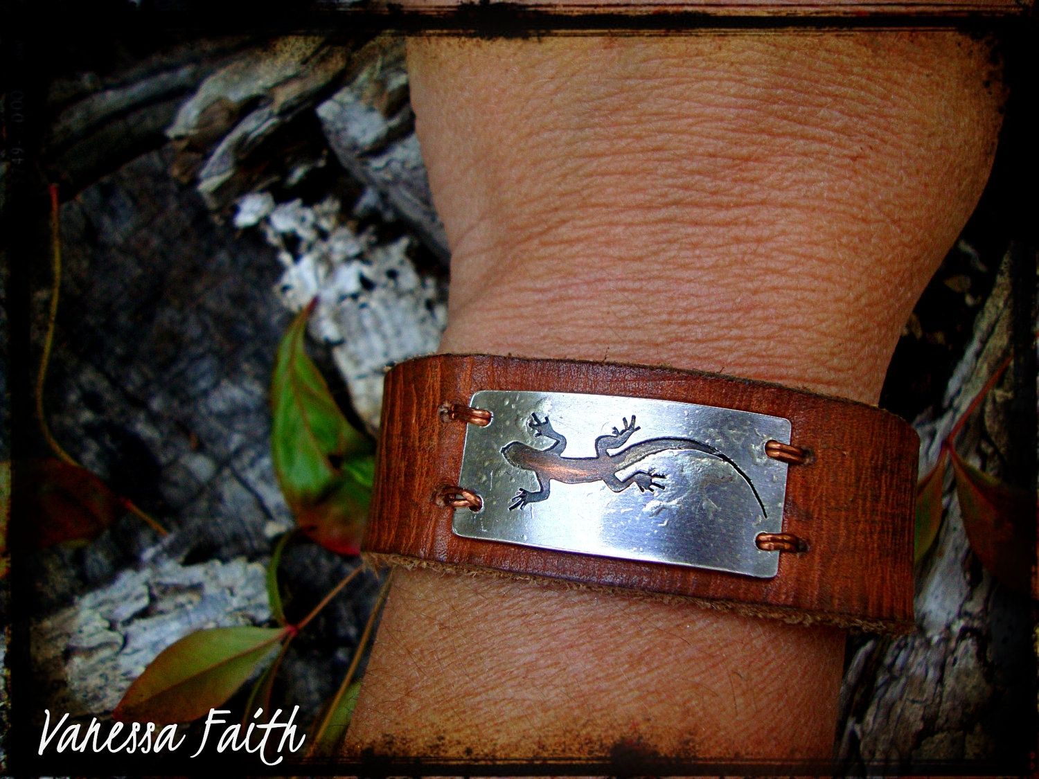 Custom Copper Reticulated Sterling Silver Lizard Leather Cuff by
