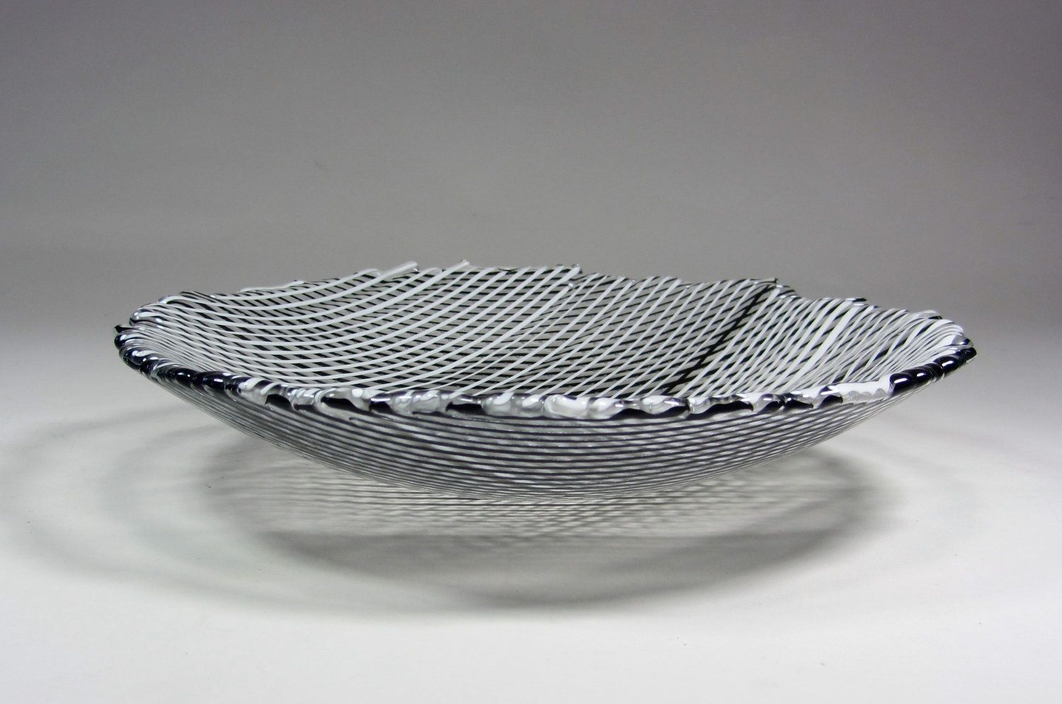 Hand Crafted Art Glass Bowl Black And White Stripes 9 Inch Fused Glass