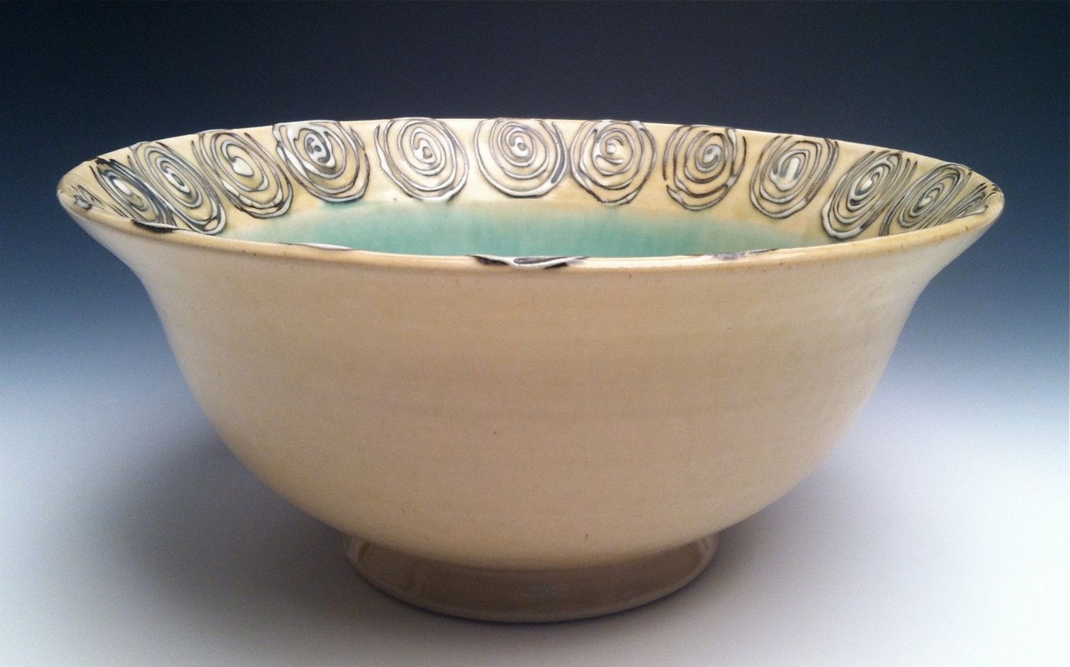 Hand Made Turquoise & Yellow Serving Bowl With Spirals by Jessica Wertz