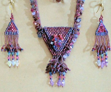 Custom Made Beaded Amulet Bag Necklace And Earrings.