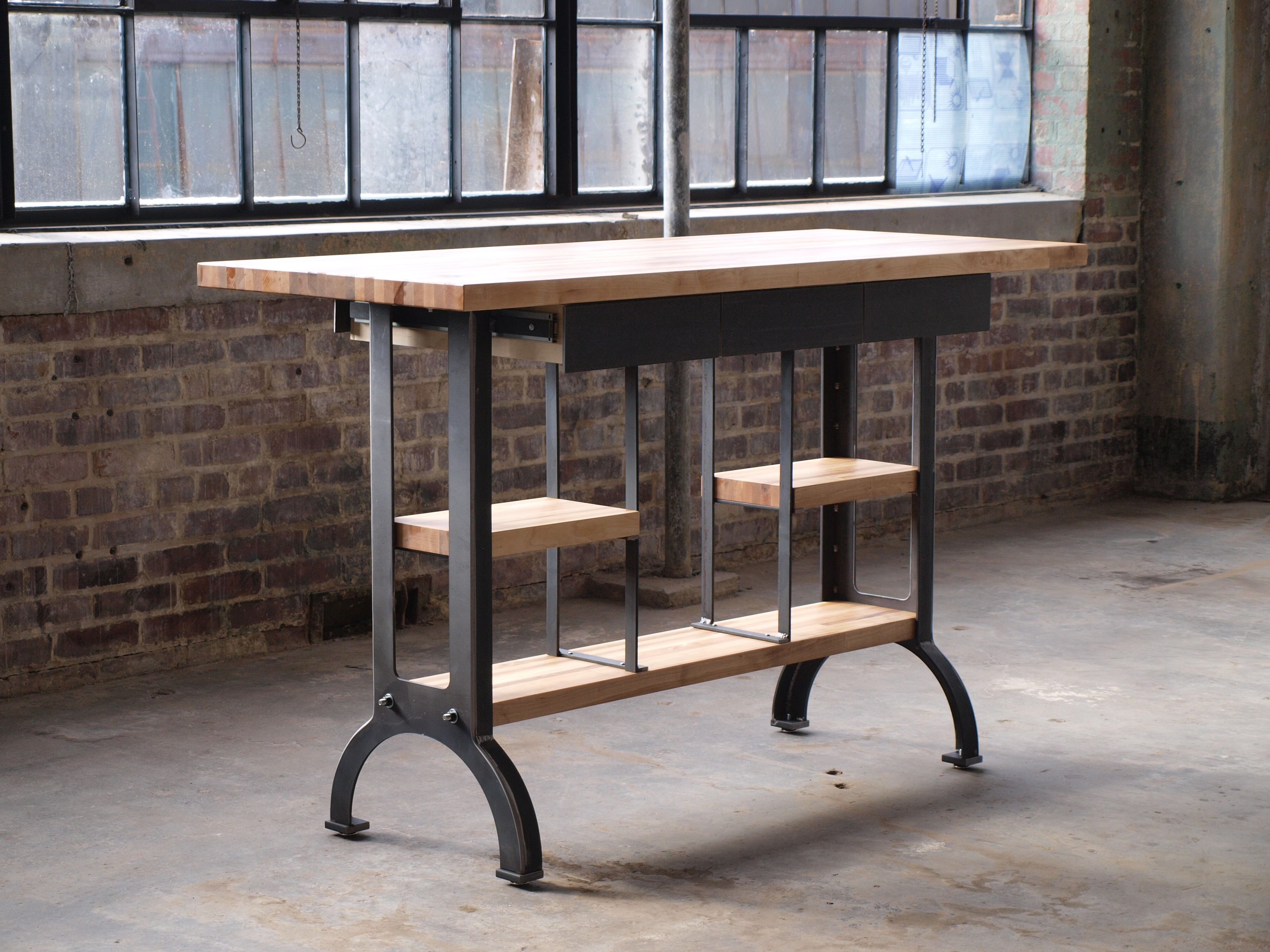 industrial kitchen table with storage