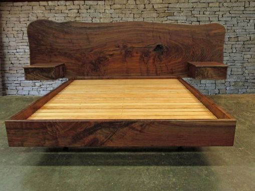 Custom Made Claro Walnut Slab Headboard, Bed, California King Frame And Floating Side Tables