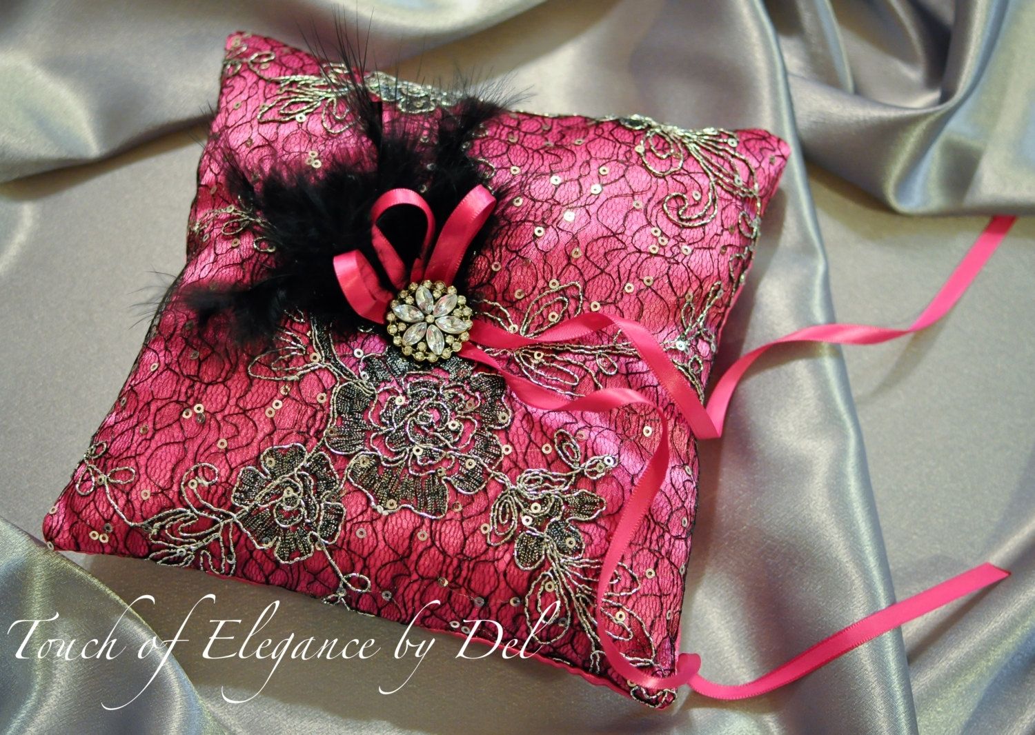 Black and pink wedding ring pillow