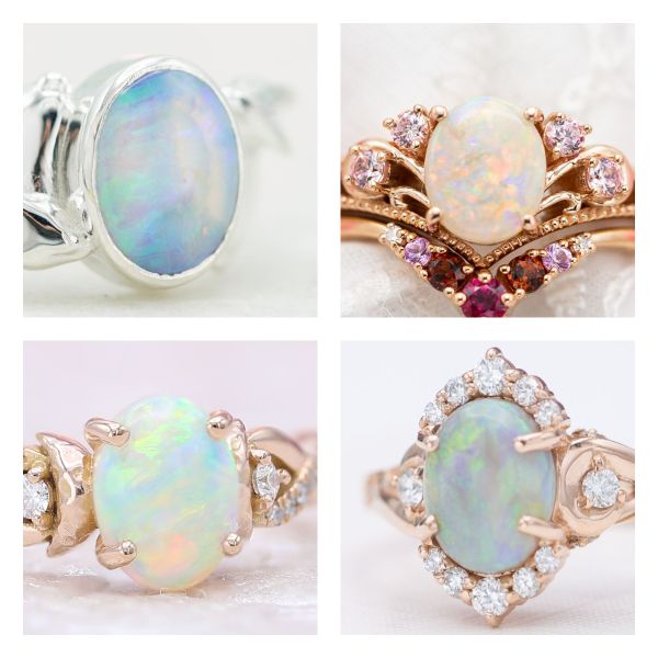 White opals displaying a variety of colors in four engagement rings.