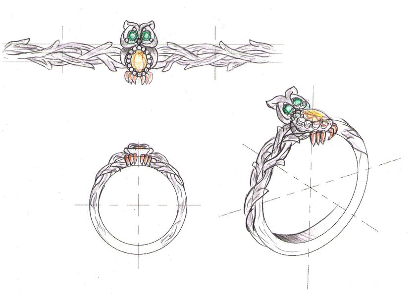 A vibrant design sketch for an owl engagement ring with yellow sapphire, emerald, and diamonds.