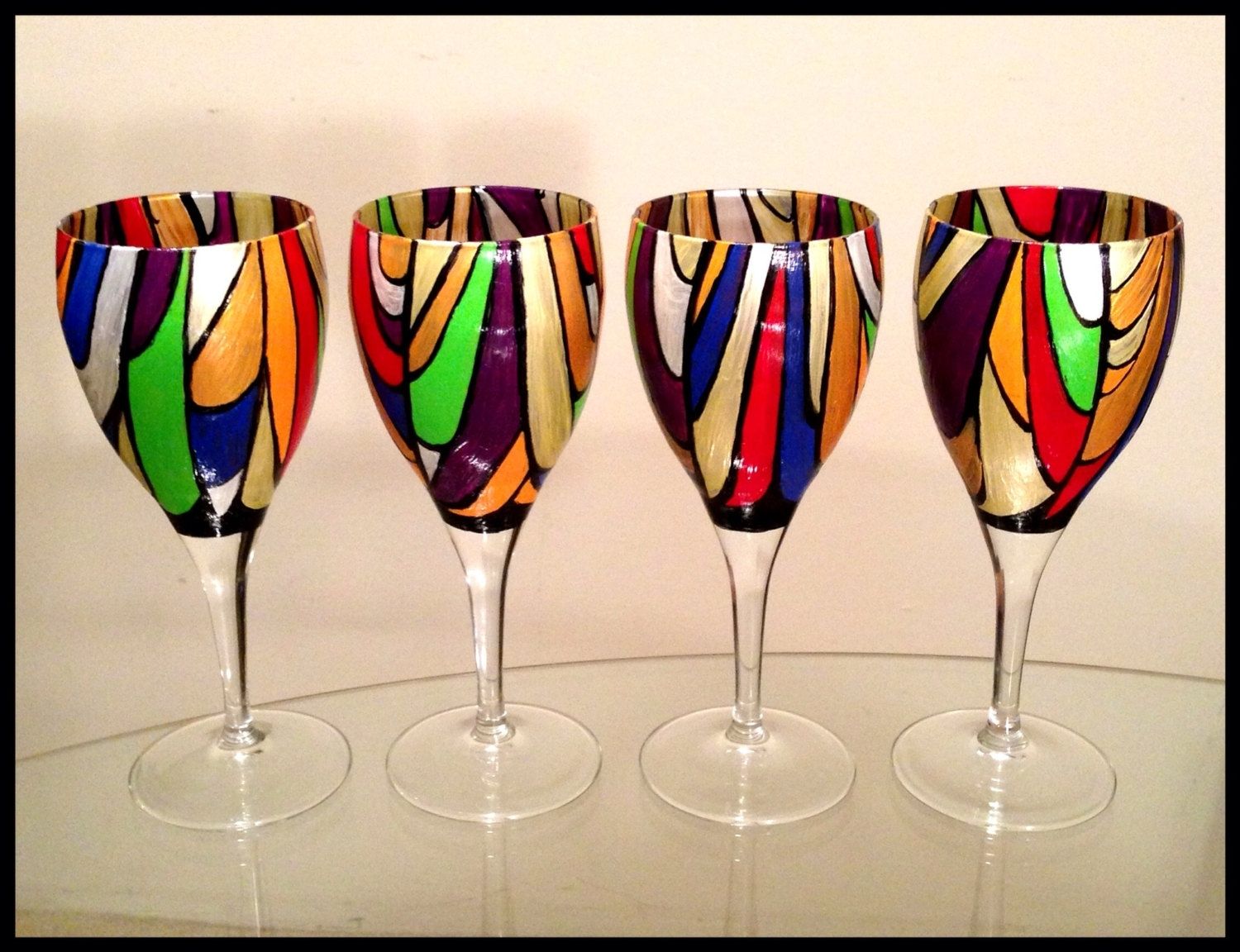 Hand Crafted Hand Painted Wine Glasses Abstract Colorful