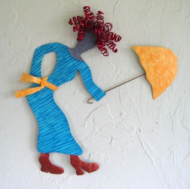 Custom Made Handmade Upcycled Metal Girl With Umbrella Wall Art Sculpture