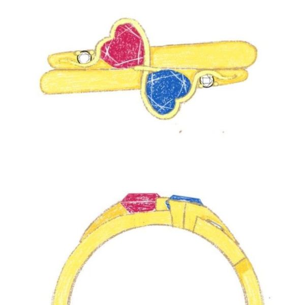 Our team's design sketches for a toi-et-moi style setting with heart cut sapphire and ruby.