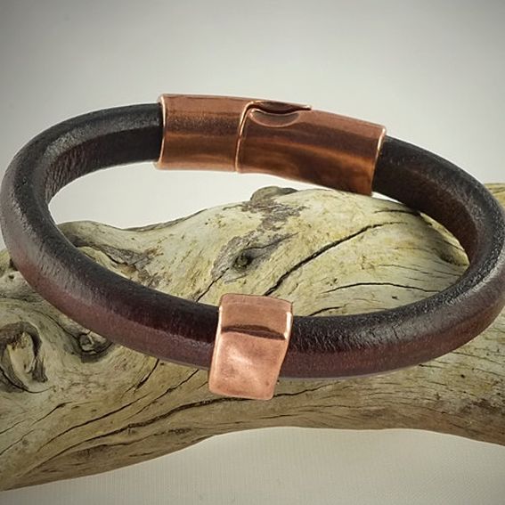 Hand Crafted Mens Brown Licorice Leather Bracelet With Copper Hardware