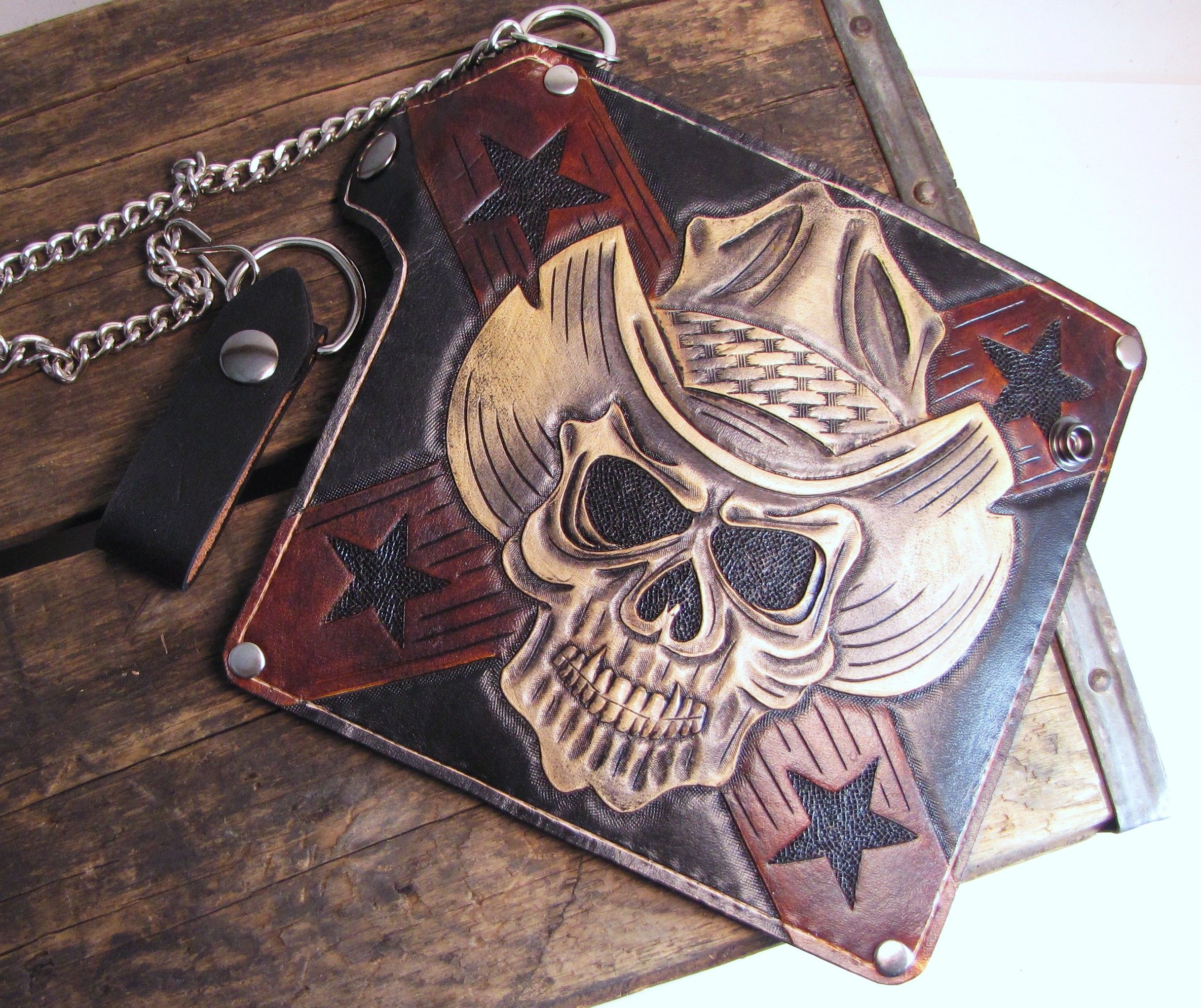 Buy a Hand Crafted Chain Wallet Cowboy Skull, (Tooled Leather,Skull,Hank 3,Biker,Trucker Wallet ...