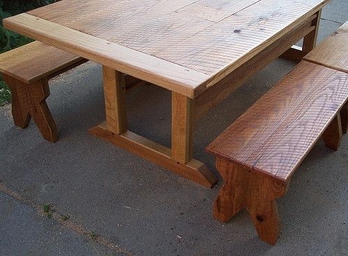Custom Made Rustic Oak Trestle Table And Benches