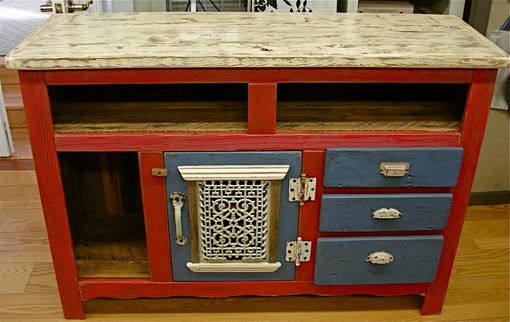 Custom Made Entertainment Console In Dragon's Blood Red & Farmhouse Blue
