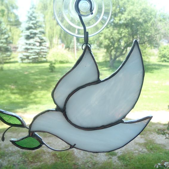 Handmade White Stained Glass Dove With Olive Branch Suncatcher by