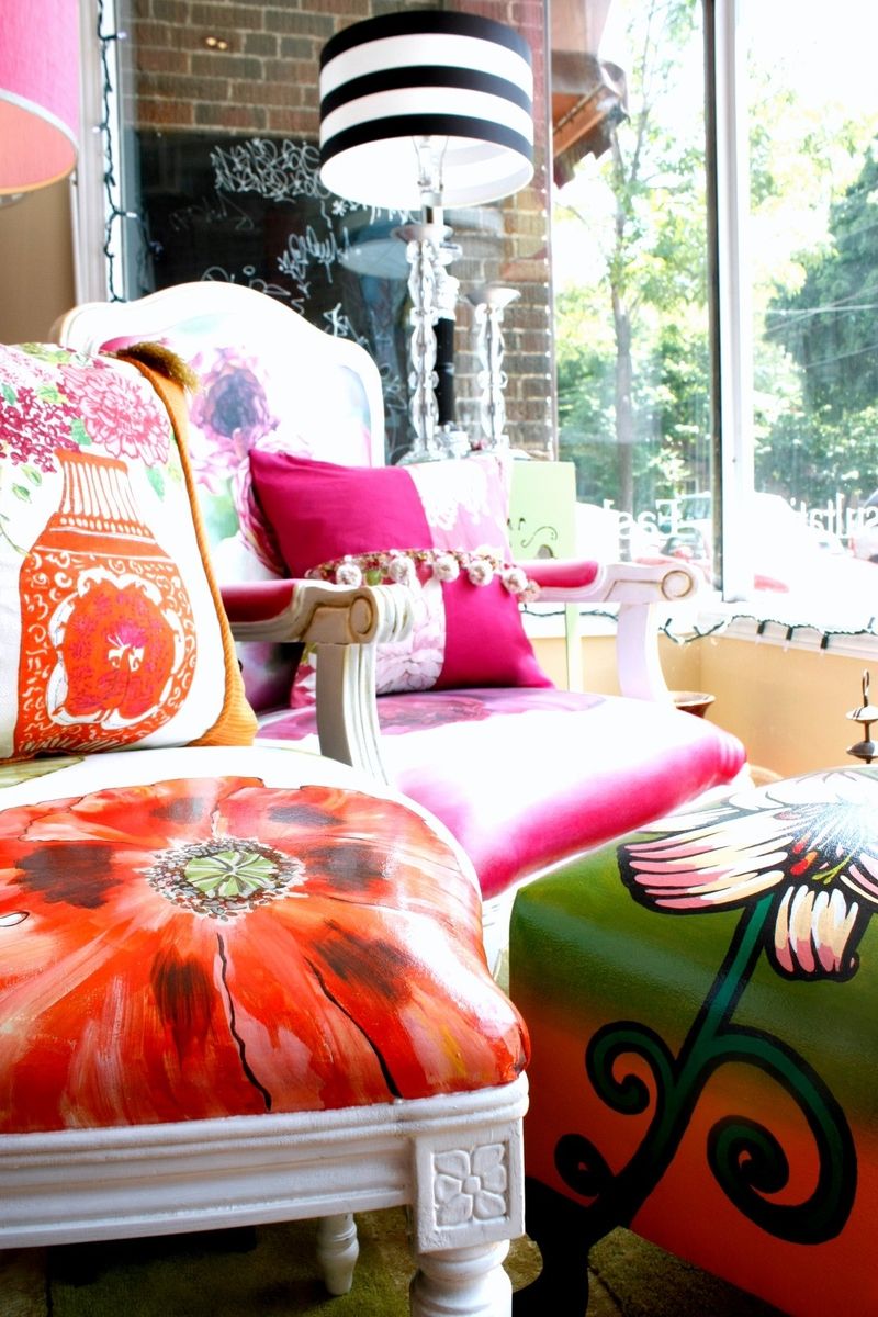 Hand Made Hand Painted Upholstered Chairs And Ottoman by Jane Hall The