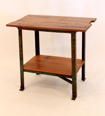 Custom Made Et-39 Black Walnut Top W/Industrial Base & Antique Pine Shelf End Table