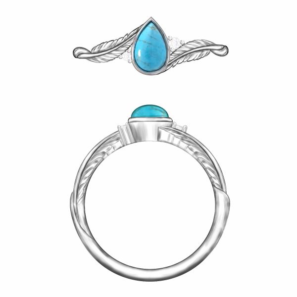 Design rendering for a feather engagement ring with a turquoise center stone.