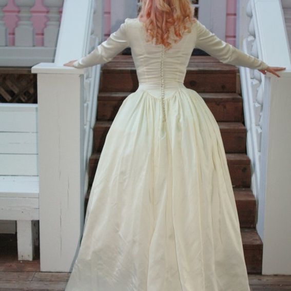 Custom Vintage 1950s Silk Satin Wedding Dress Princess Ball Gown Long Sleeves By Dainty Rascal 4391