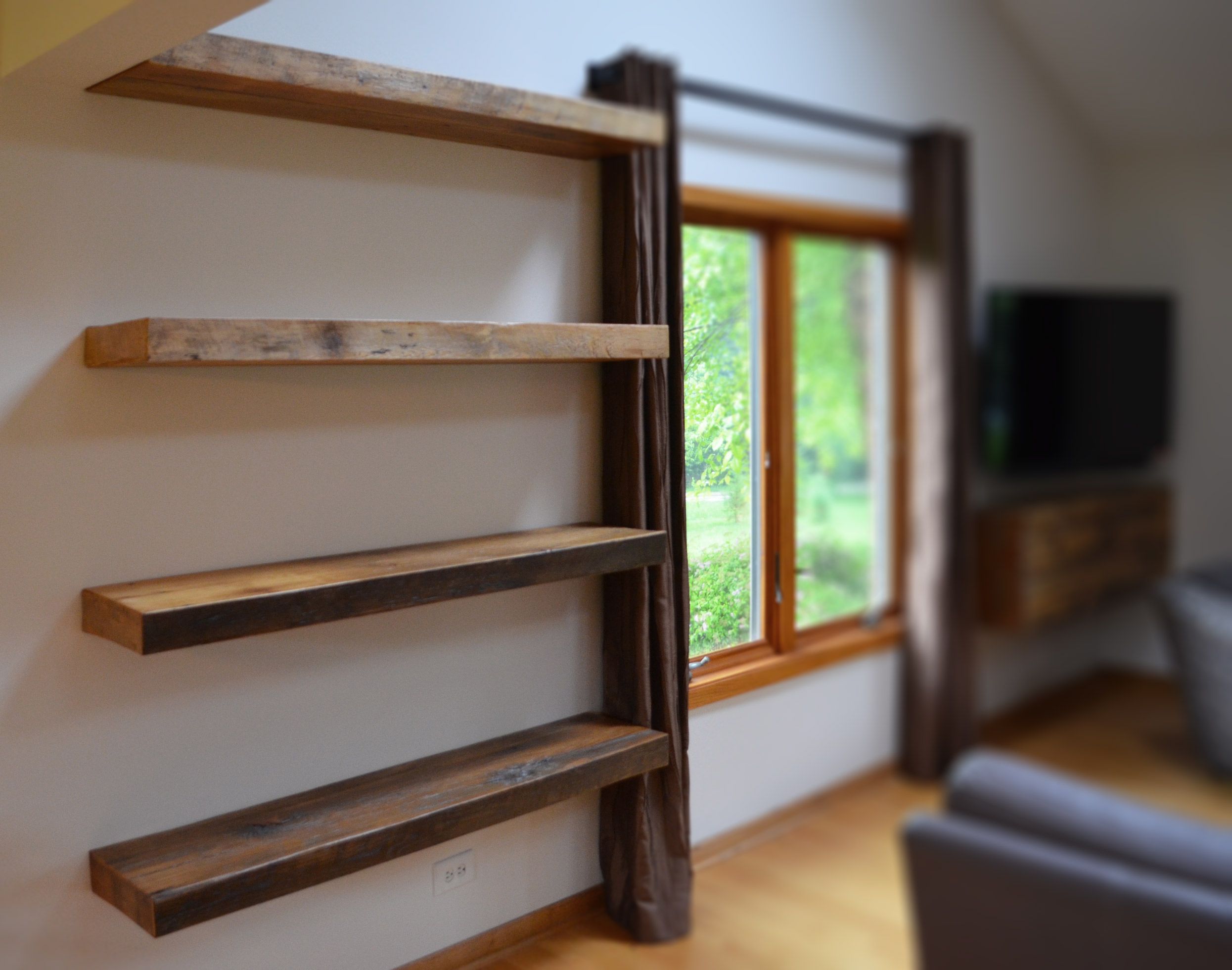 rustic floating shelves living room