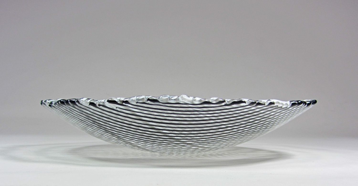 Art Glass Bowl Black And White Stripes 9 Inch Fused Glass