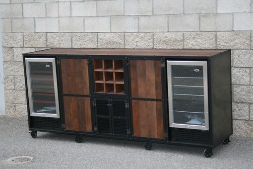 Custom Made Reclaimed Wood Liquor Cabinet, Beverage Center. Refrigerator Unit, Bar, Rustic. Kitchen Island.