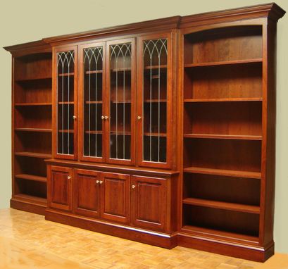 Custom Made Cherry Bookcase With Leaded Glass Doors And Open Side Bookcases