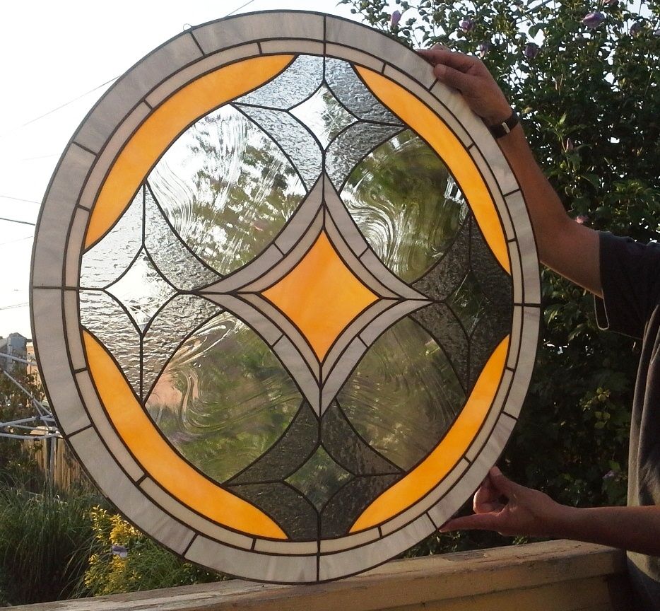 Handmade Stained Glass Panel "Amber & Grey" by Terraza Stained Glass