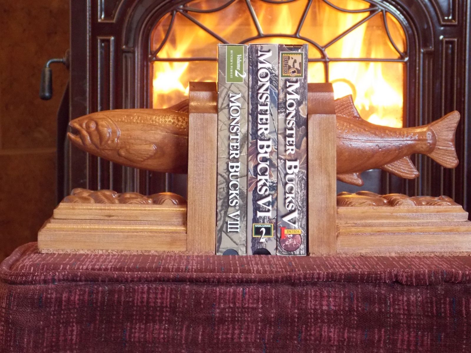 Hand Crafted Wood Bookends Trout Cherry Wood; Rustic Relief Wood Carving. by TheWoodGrainGallery