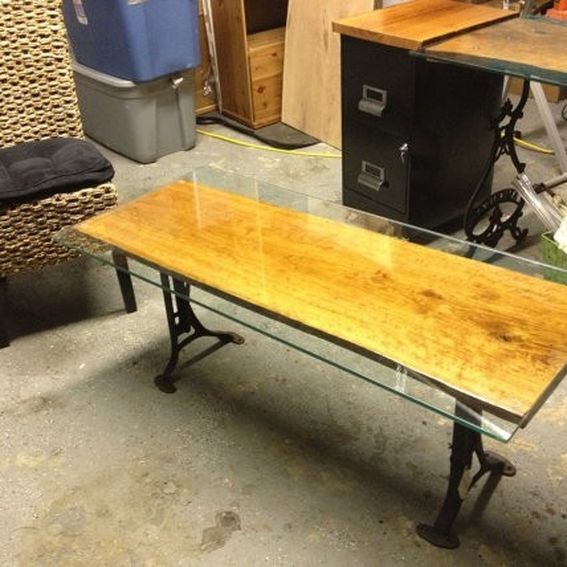 Hand Made Live Edge Cherrywood Slab And Glass Coffee Table by Charles