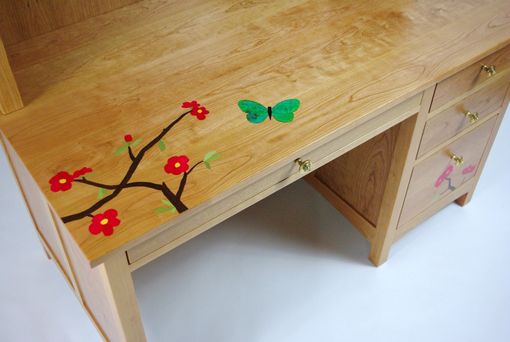 Custom Made Black Cherry And Flower Inlay Desk With Hutch