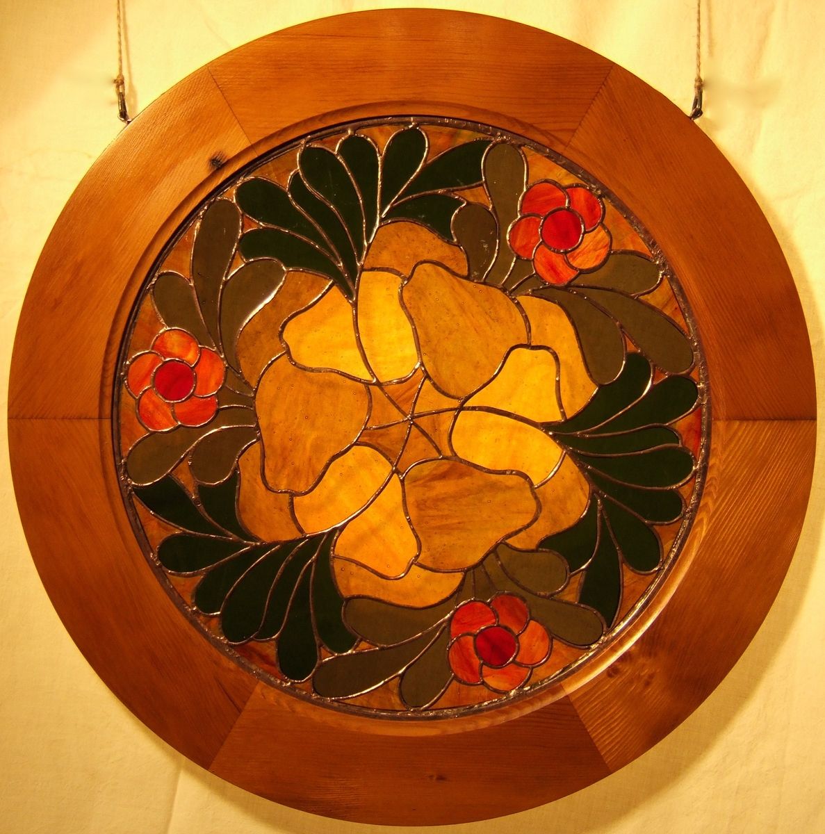 Hand Made Stained Glass Panel Copper Border Wood Frame Handmade Brackets By Emmets Hill 2839