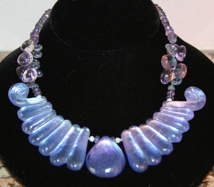 Custom Made Elegant Necklace Featuring 3 Cast Crystal Pieces In Shades Of Blue And Lavendar, Strung With Pink Amethyst And Blue Mystic Topaz Brioletts
