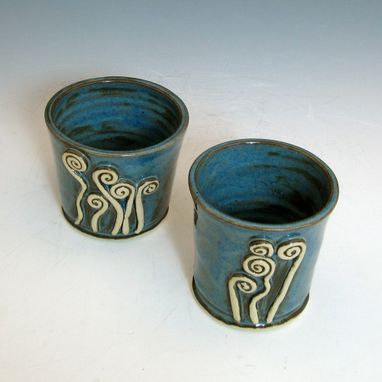 Custom Made Ceramic Tumblers With Fiddlehead Ferns In Blue